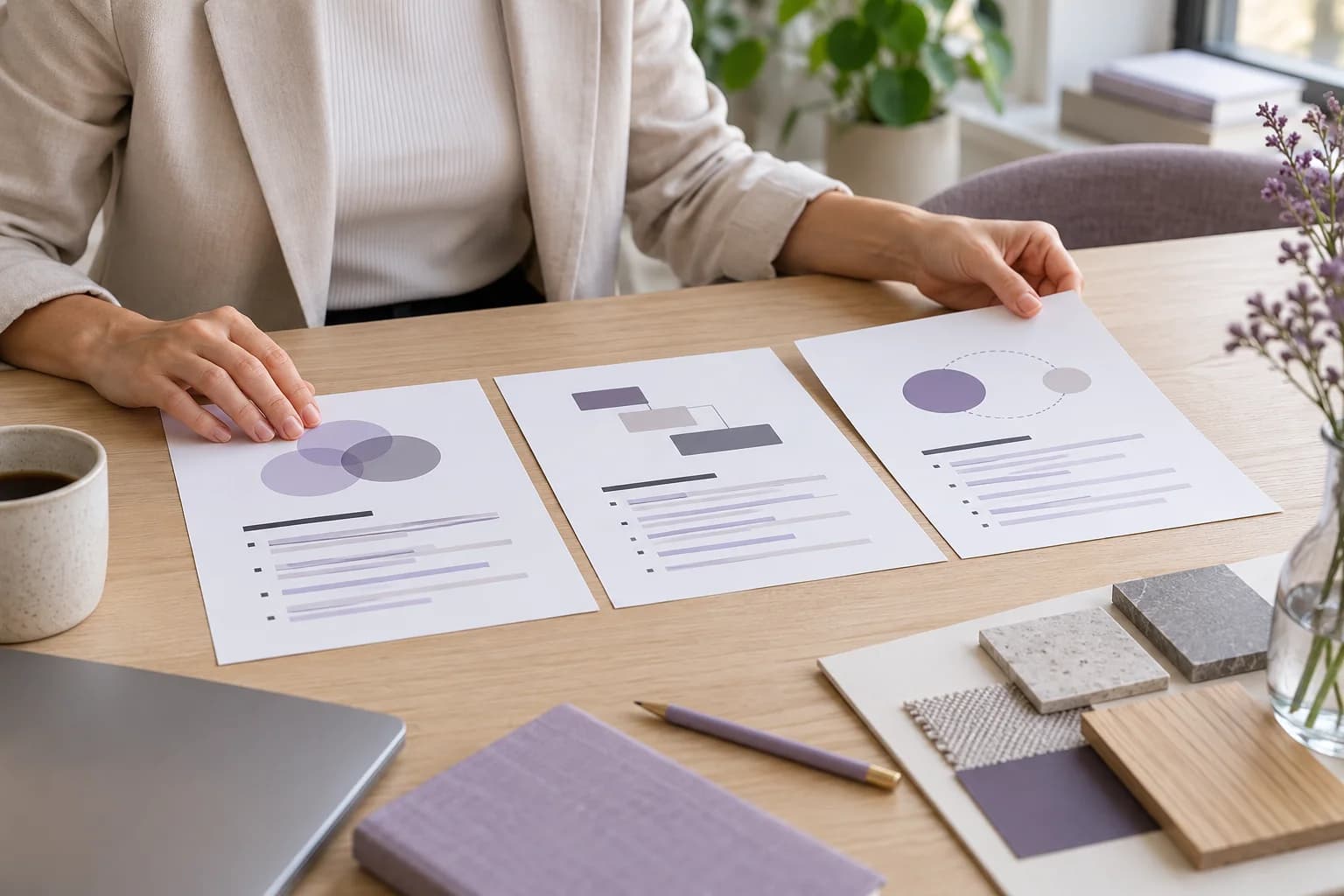 Illustratieve scène waarin een ondernemer drie projectvoorstellen met verschillende werkzaamheden vergelijkt